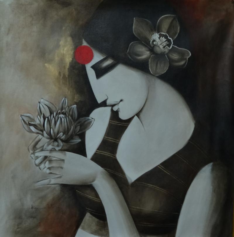 Figurative acrylic painting titled 'Indian Woman', 24x24 inches, by artist Kamal Nath on Canvas