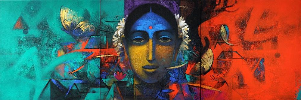 Figurative acrylic painting titled 'Indian Woman', 24x72 inches, by artist Sachin Akalekar on Canvas