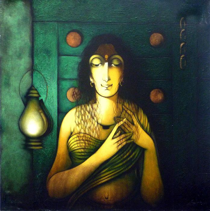 Figurative acrylic painting titled 'Indian Woman II', 30x30 inches, by artist Manoj Aher on Canvas