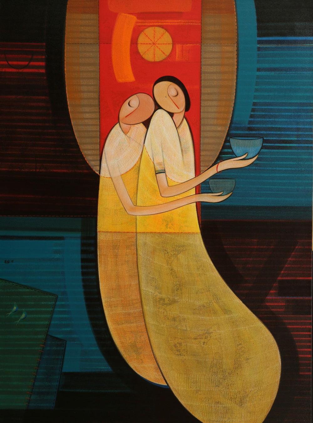 Figurative acrylic painting titled 'Inner Love', 48x36 inches, by artist Dattatraya Thombare on Canvas