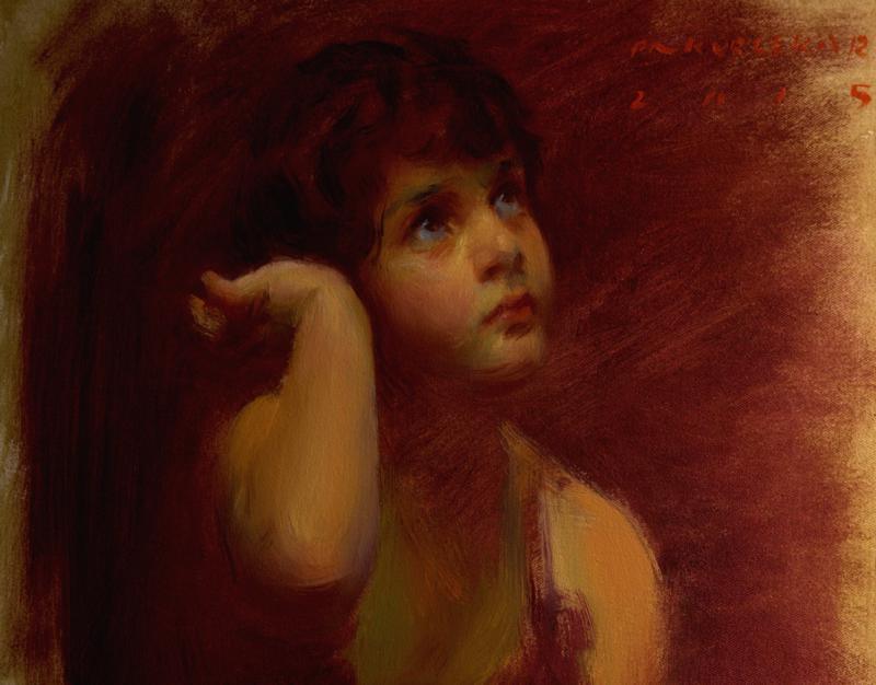 Figurative oil painting titled 'Innocence', 13x16 inches, by artist Pramod Kurlekar on Canvas