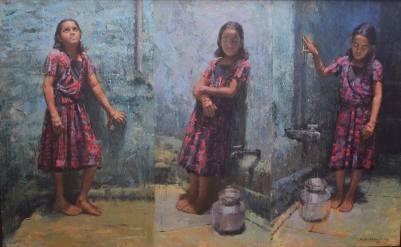 Figurative acrylic painting titled 'Innocence', 30x48 inches, by artist Suresh Jangid on Canvas