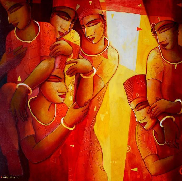 Figurative acrylic painting titled 'Inspiration', 30x30 inches, by artist Samir Sarkar on Canvas