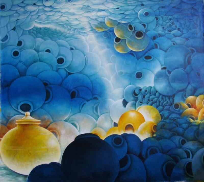 Figurative acrylic painting titled 'Into The Sea', 57x62 inches, by artist Ranchhor Meghwal on Canvas
