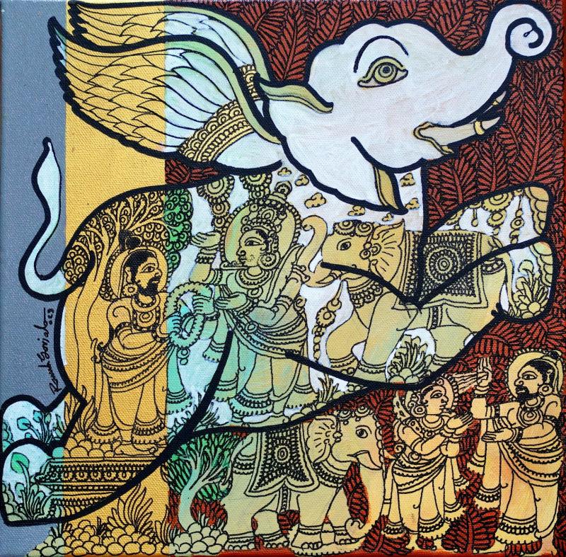 Religious acrylic painting titled 'Iravath', 12x12 inches, by artist Ramesh Gorjala on Canvas