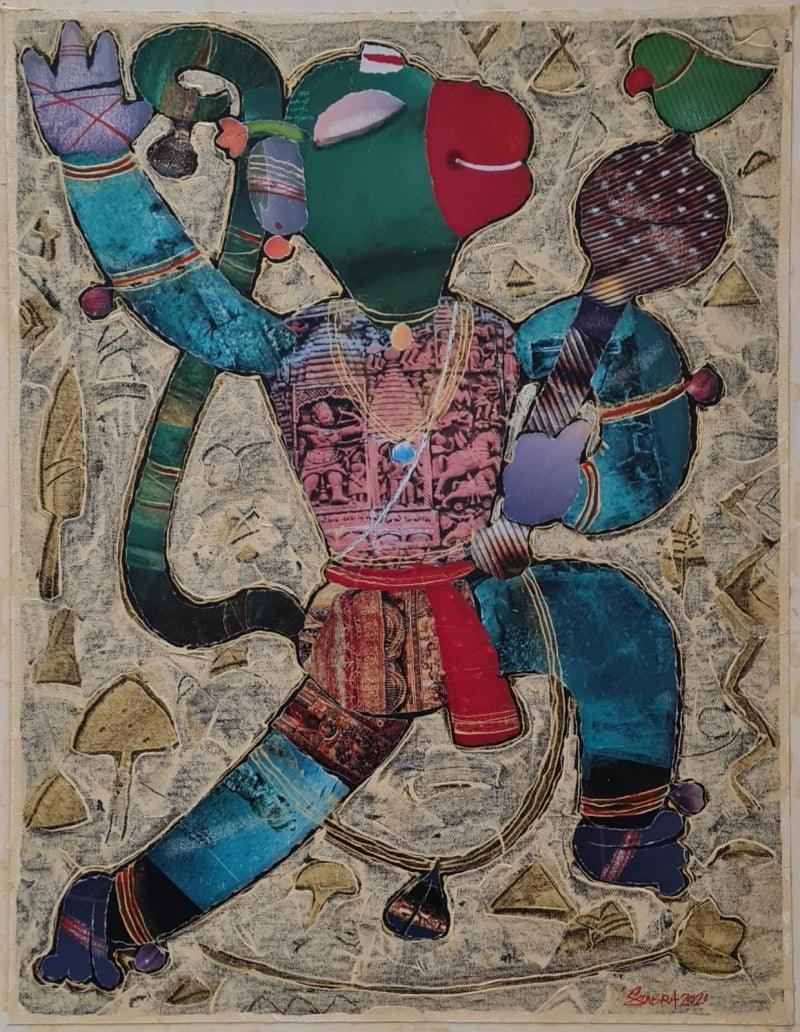 Religious mixed media painting titled 'Jai Hanuman', 21x17 inches, by artist G Subramanian on Canvas