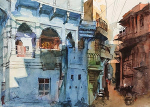 Jodhpur (A Glimpse of Jodhpur) by Sagar Palwe, Original Watercolor Cityscape Painting on Paper, Small Horizontal Wall Art