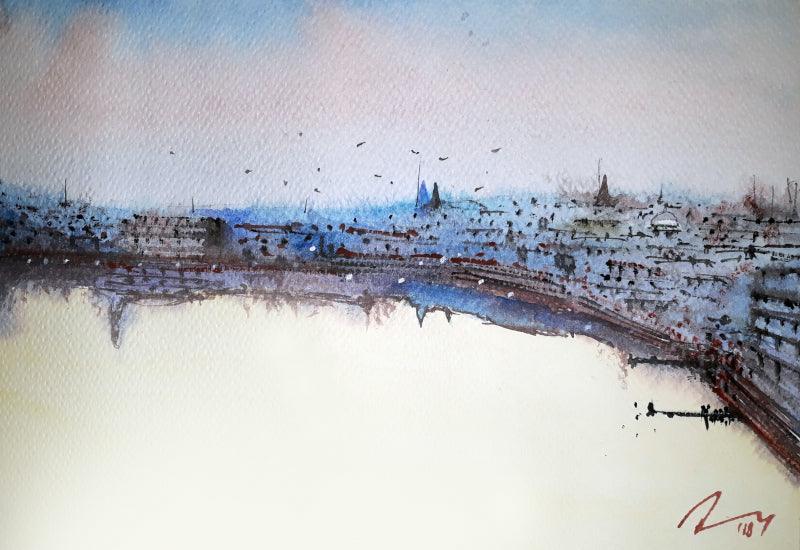 Cityscape watercolor painting titled 'Jodhpur Blues', 8x11 inches, by artist Arunava Ray on Paper
