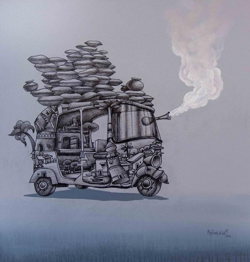 contemporary mixed media painting titled 'Journey 2', 30x30 inches, by artist Manjunath Wali on Canvas