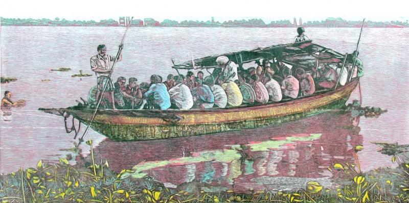 Figurative printmaking titled 'Journey 3', 23x51 inches, by artist Rajeswara Rao Dadda on Paper