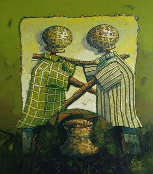 Journey (Shared Burden) by Navnath Kshirsagar, Original Acrylic Figurative Painting on Canvas, Large Vertical Wall Art