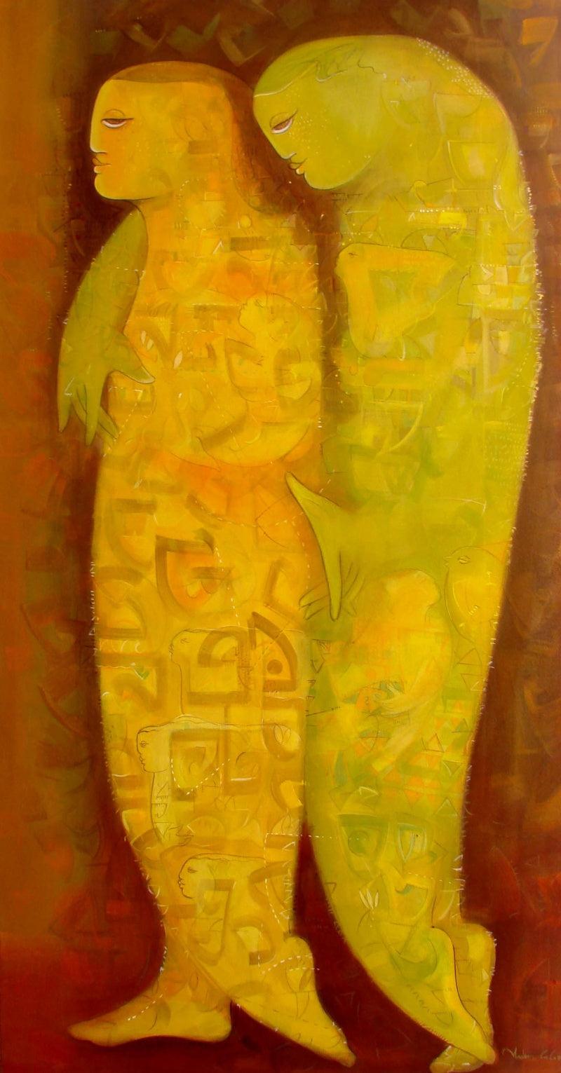 Figurative acrylic painting titled 'Journey', 70x34 inches, by artist Madan Lal on Canvas