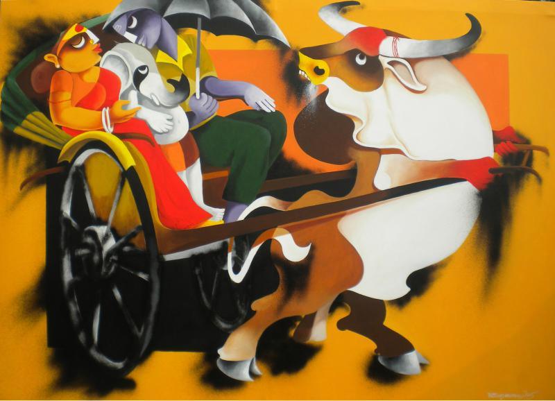 Figurative acrylic painting titled 'Journey II', 48x72 inches, by artist Uttam Manna on Canvas