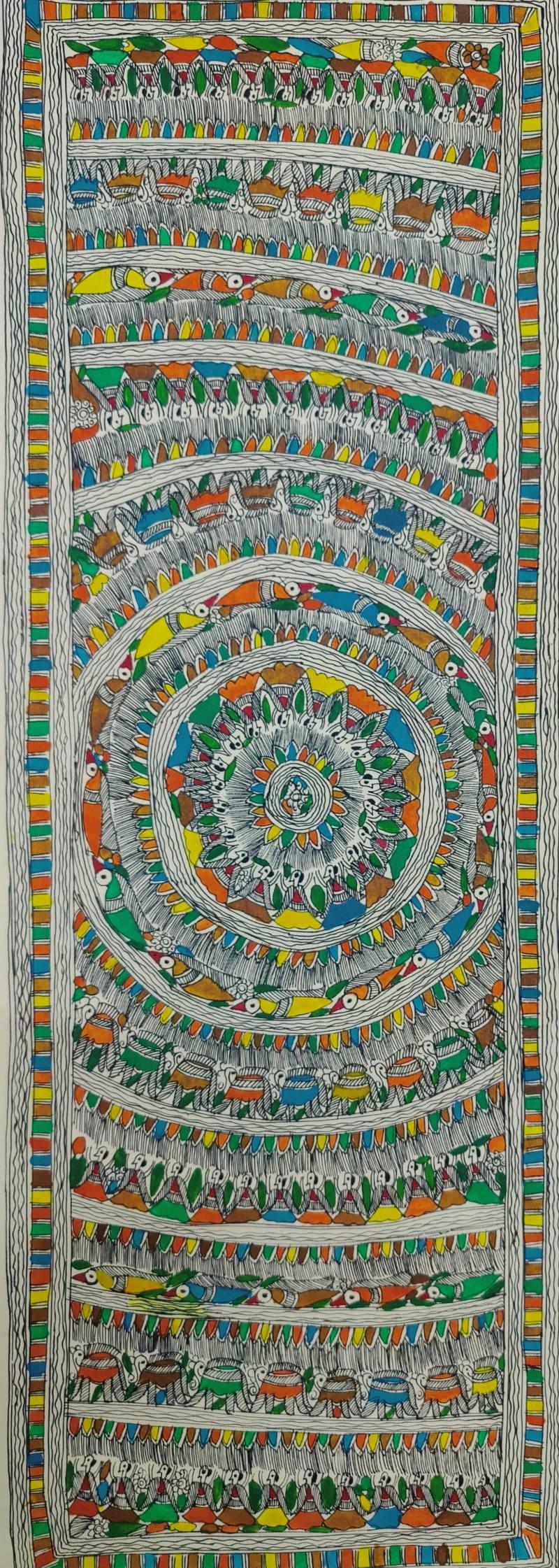 Figurative madhubani traditional art titled 'Jungle 1', 30x11 inches, by artist Mithilesh Jha on Paper