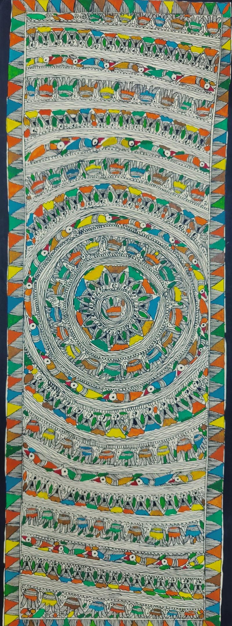 Figurative madhubani traditional art titled 'Jungle 2', 30x11 inches, by artist Mithilesh Jha on Paper