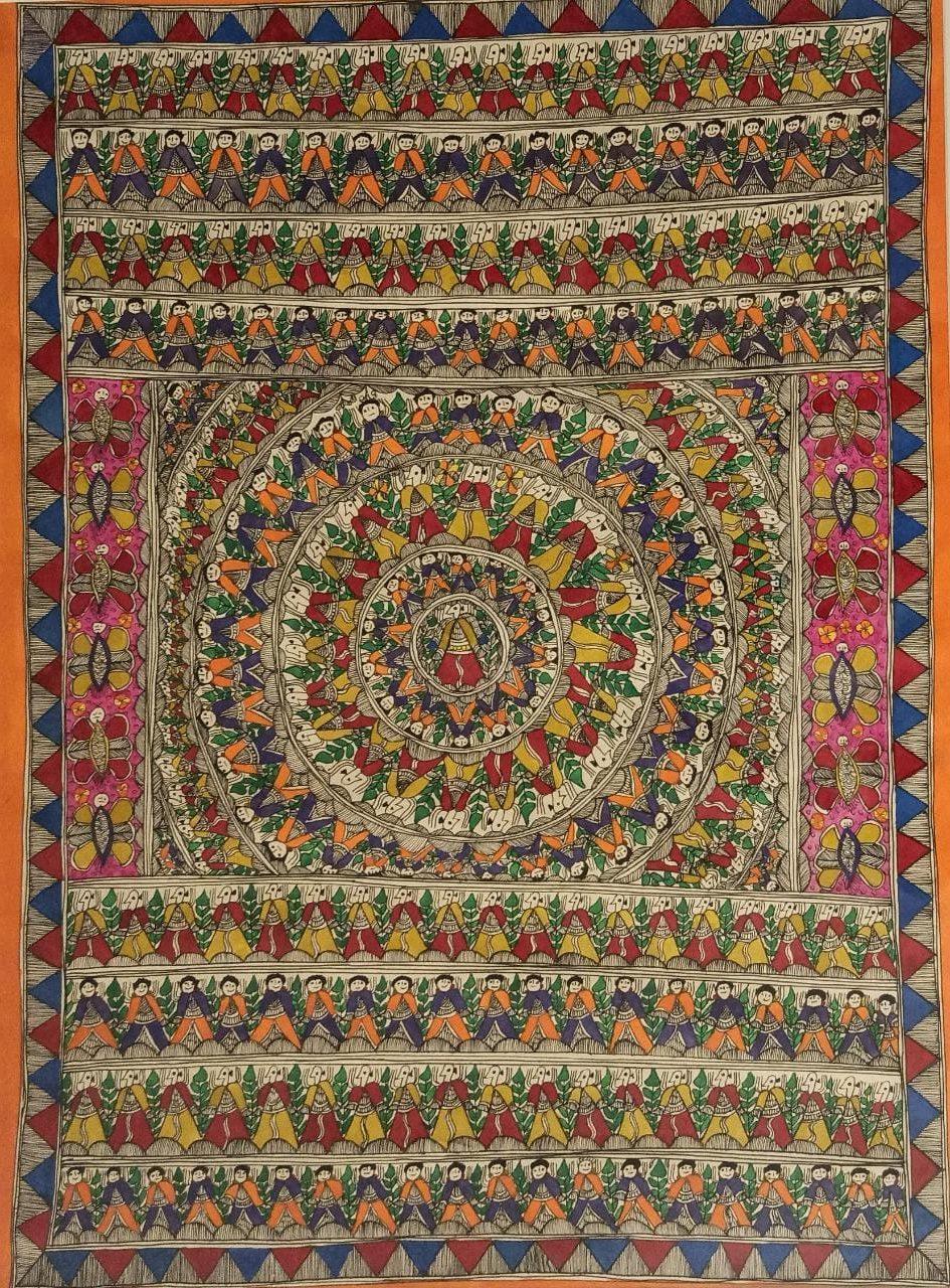 Figurative madhubani traditional art titled 'Jungle', 30x22 inches, by artist Mithilesh Jha on Paper