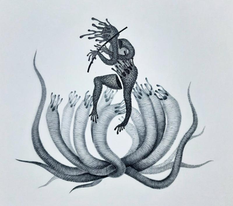 contemporary ink charcoal drawing titled 'Kaliya', 14x14 inches, by artist Nitesh Panchal on Paper