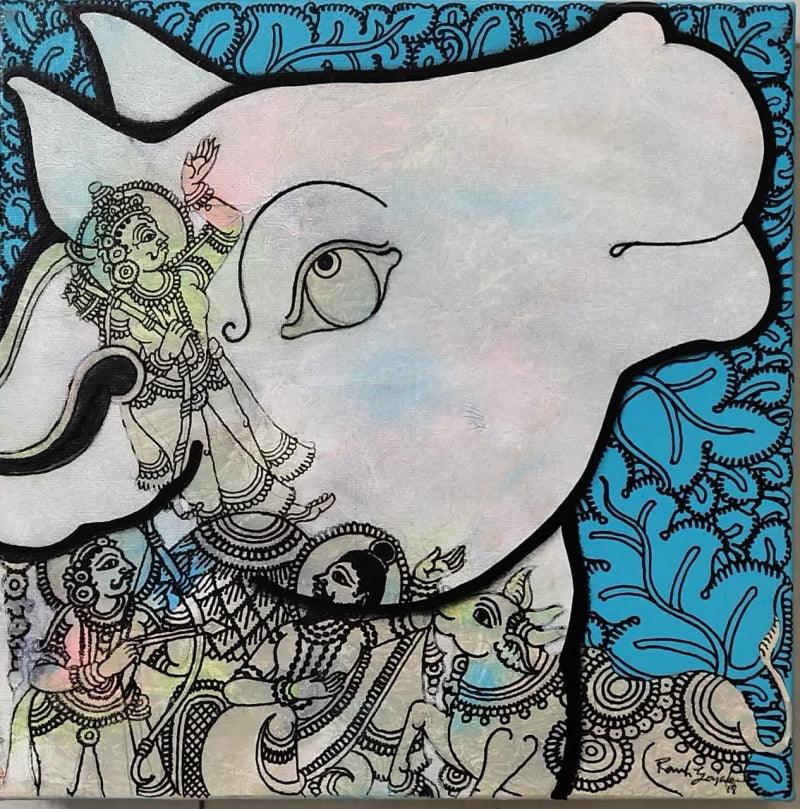 Religious acrylic painting titled 'Kamadhenu 1', 12x12 inches, by artist Ramesh Gorjala on Canvas