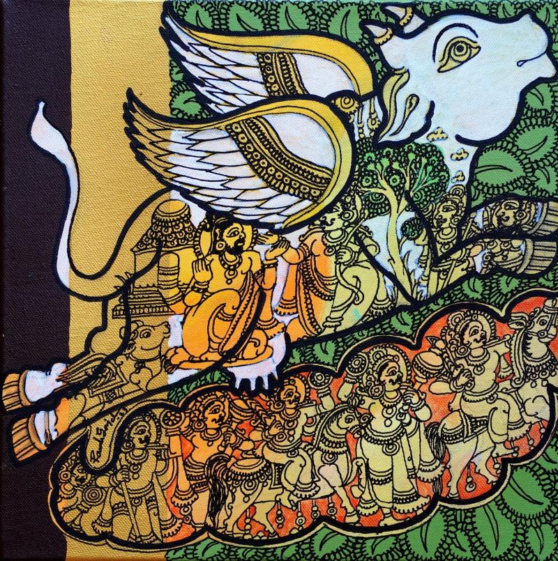 Religious acrylic painting titled 'Kamadhenu', 12x12 inches, by artist Ramesh Gorjala on Canvas