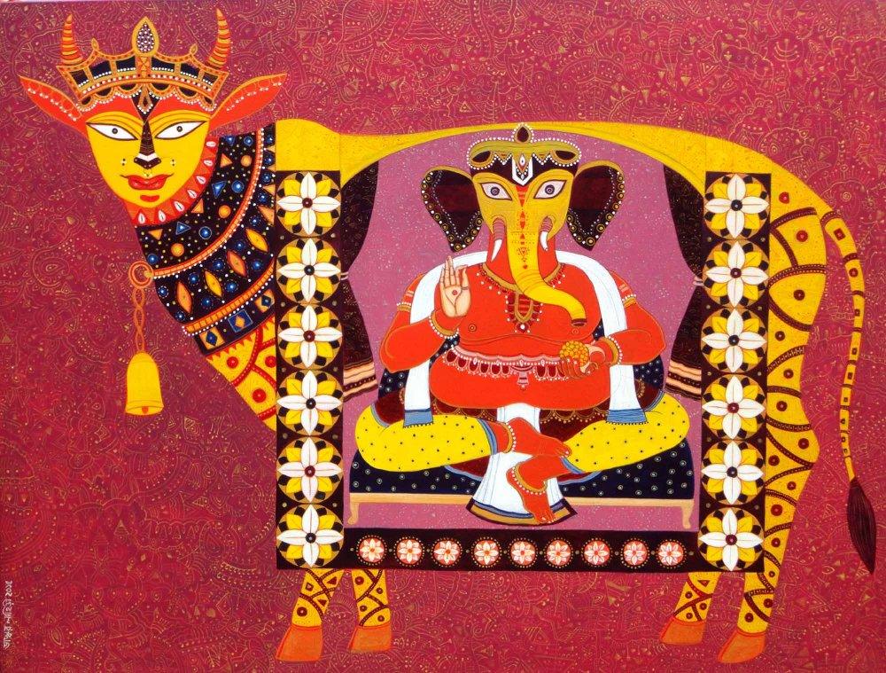 Religious acrylic painting titled 'Kamadhenu', 36x48 inches, by artist Bhaskar Lahiri on Canvas