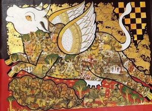 Religious acrylic painting titled 'Kamadhenu', 36x48 inches, by artist Ramesh Gorjala on canvas