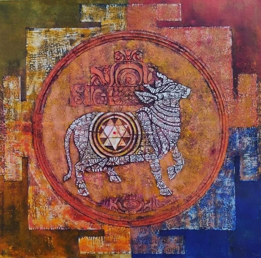 Religious acrylic painting titled 'Kamadhenu', 60x48 inches, by artist Ram Thorat on Canvas