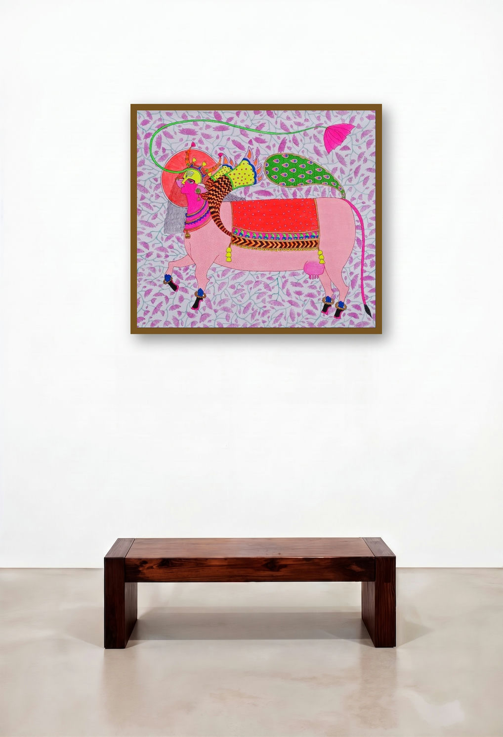 Kamadhenu (The Divine Cow) by artist Priti Singh displayed in a Contemporary Luxury Hallway