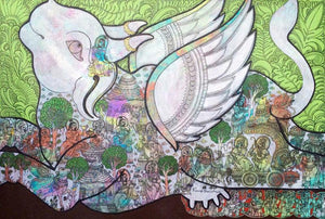 Religious mixed media painting titled 'Kamadhenu', 24x36 inches, by artist Ramesh Gorjala on Canvas