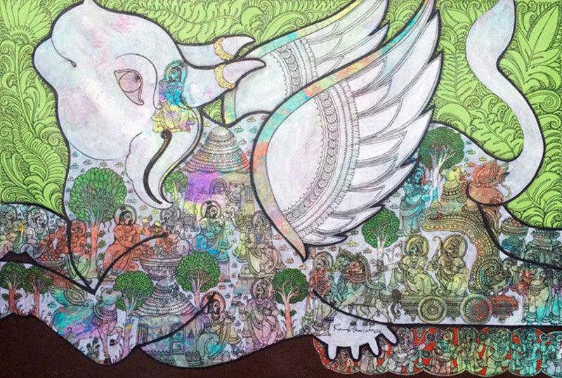 Religious mixed media painting titled 'Kamadhenu', 24x36 inches, by artist Ramesh Gorjala on Canvas