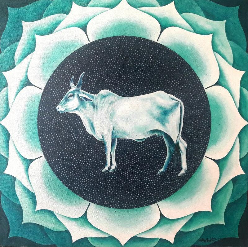 Animals acrylic painting titled 'Kamadhenu', 24x24 inches, by artist Rohit Sharma on Canvas