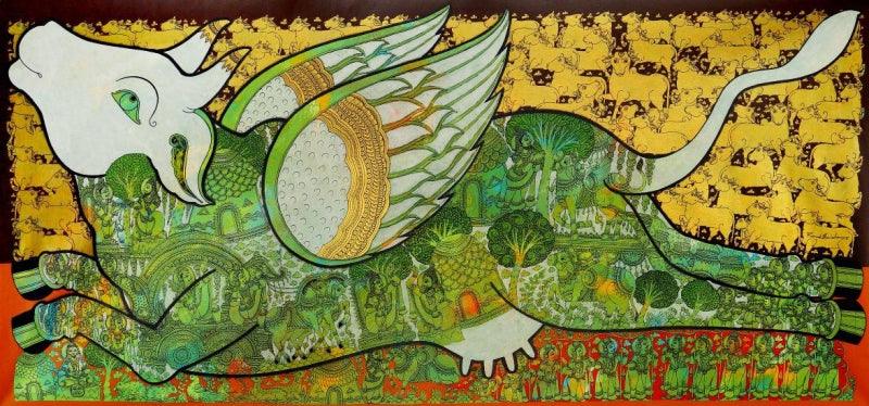 Religious acrylic painting titled 'Kamadhenu (Sacred Cow)', 36x72 inches, by artist Ramesh Gorjala on Canvas