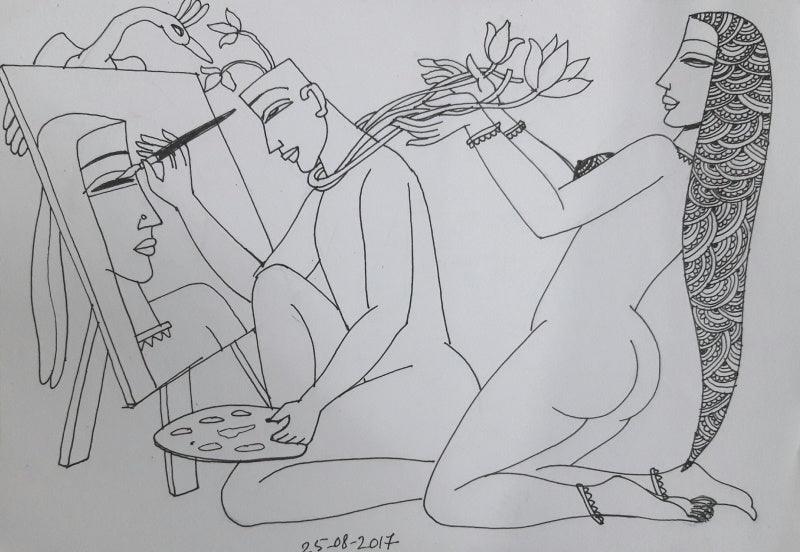 Erotic graphite drawing titled 'Kamasutra 1', 12x17 inches, by artist Krishna Ashok on Paper