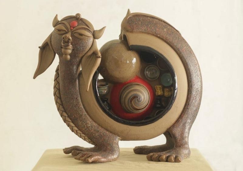 Figurative sculpture titled 'Kamdhenu 5', 18x18x6 inches, by artist Narottam Das on Ceramic