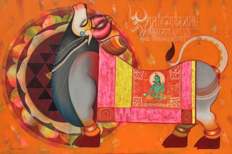 Religious acrylic painting titled 'Kamdhenu', 44x68 inches, by artist Ashok Rathod on Canvas