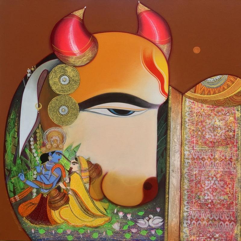 Religious acrylic painting titled 'Kamdhenu', 36x36 inches, by artist Ashok Rathod on Canvas