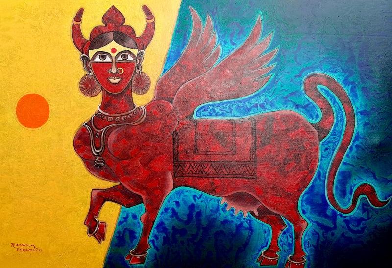 Religious mixed media painting titled 'Kamdhenu', 20x30 inches, by artist Ramana Peram on Canvas