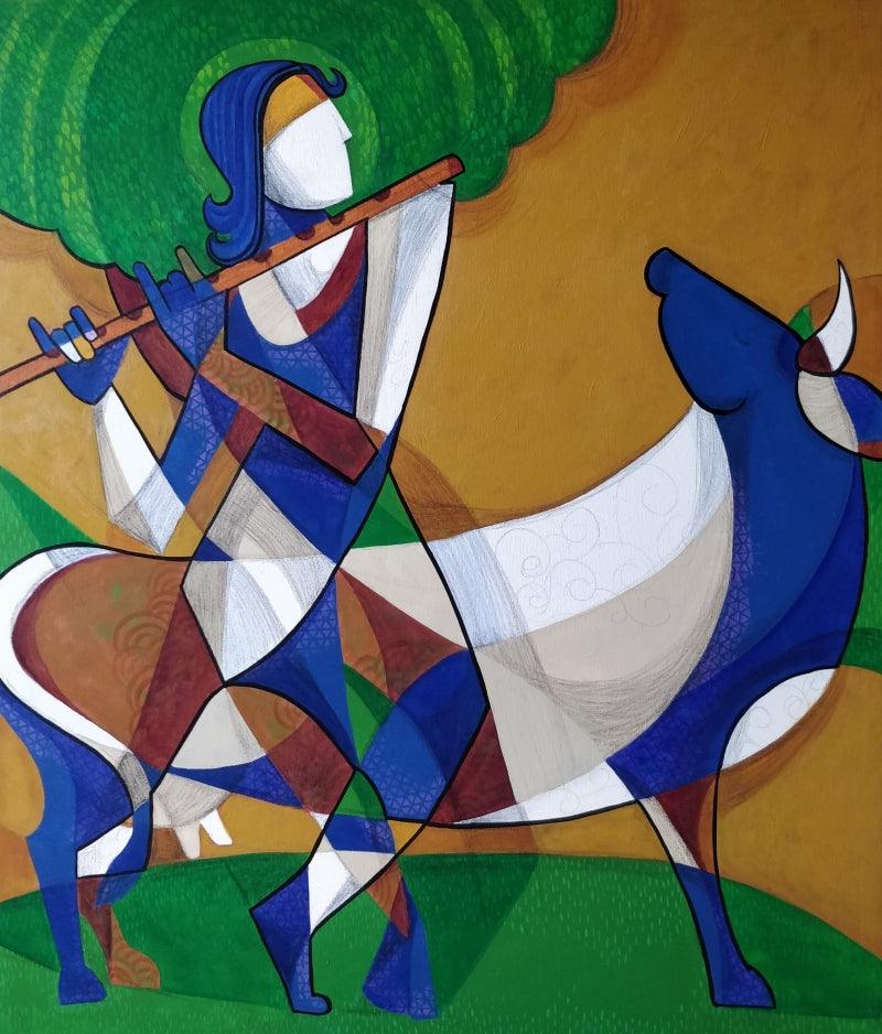 Religious mixed media painting titled 'Kanha', 48x42 inches, by artist Satyendra Rane on Canvas