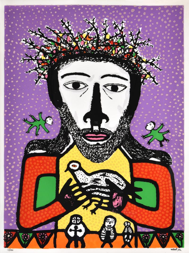 Figurative reverse serigraph painting titled 'King Of Kings', 48x36 inches, by artist Madhvi Parekh on Acrylic