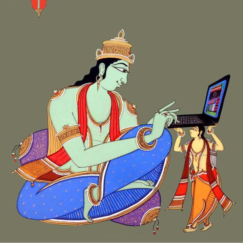 Figurative acrylic painting titled 'King Using Laptop', 24x24 inches, by artist Shahed Pasha on Canvas