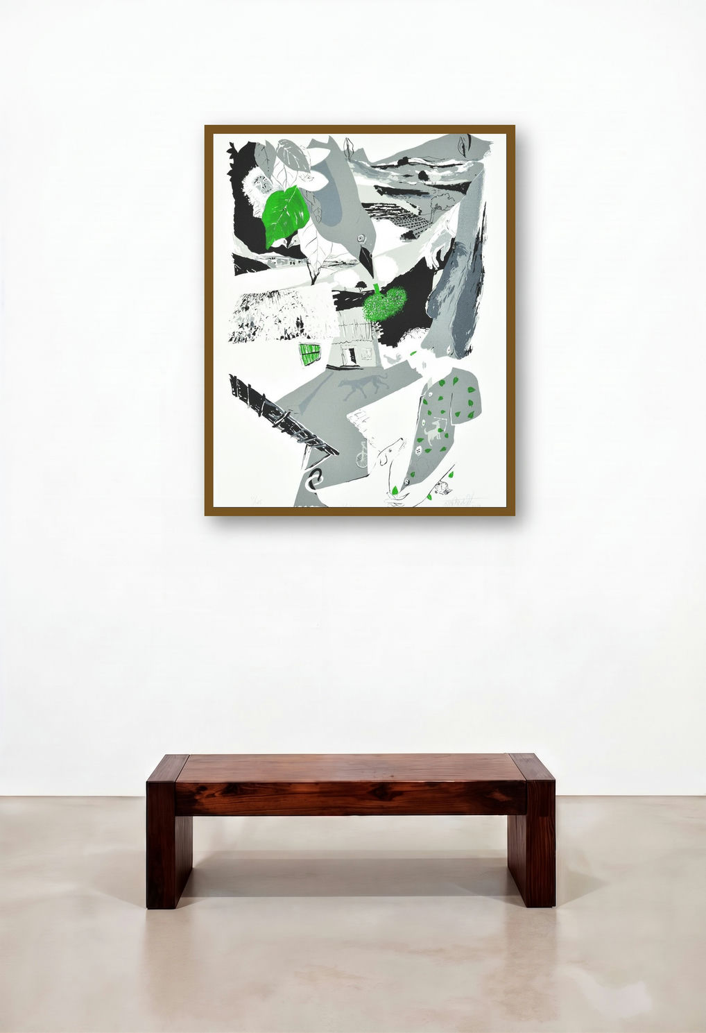 Kiss (Green Leaves and Figures) by artist Nabibakhsh Mansoori displayed in a Rustic Study