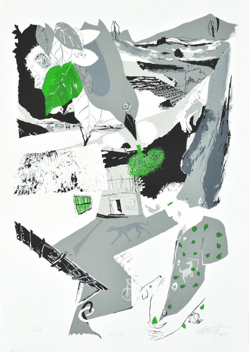 Landscape serigraphs painting titled 'Kiss', 28x20 inches, by artist Nabibakhsh Mansoori on Paper