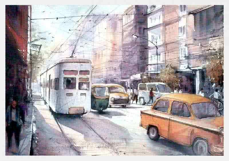 Landscape watercolor painting titled 'Kolkata', 19x13 inches, by artist Amit Kapoor on Handmade Paper
