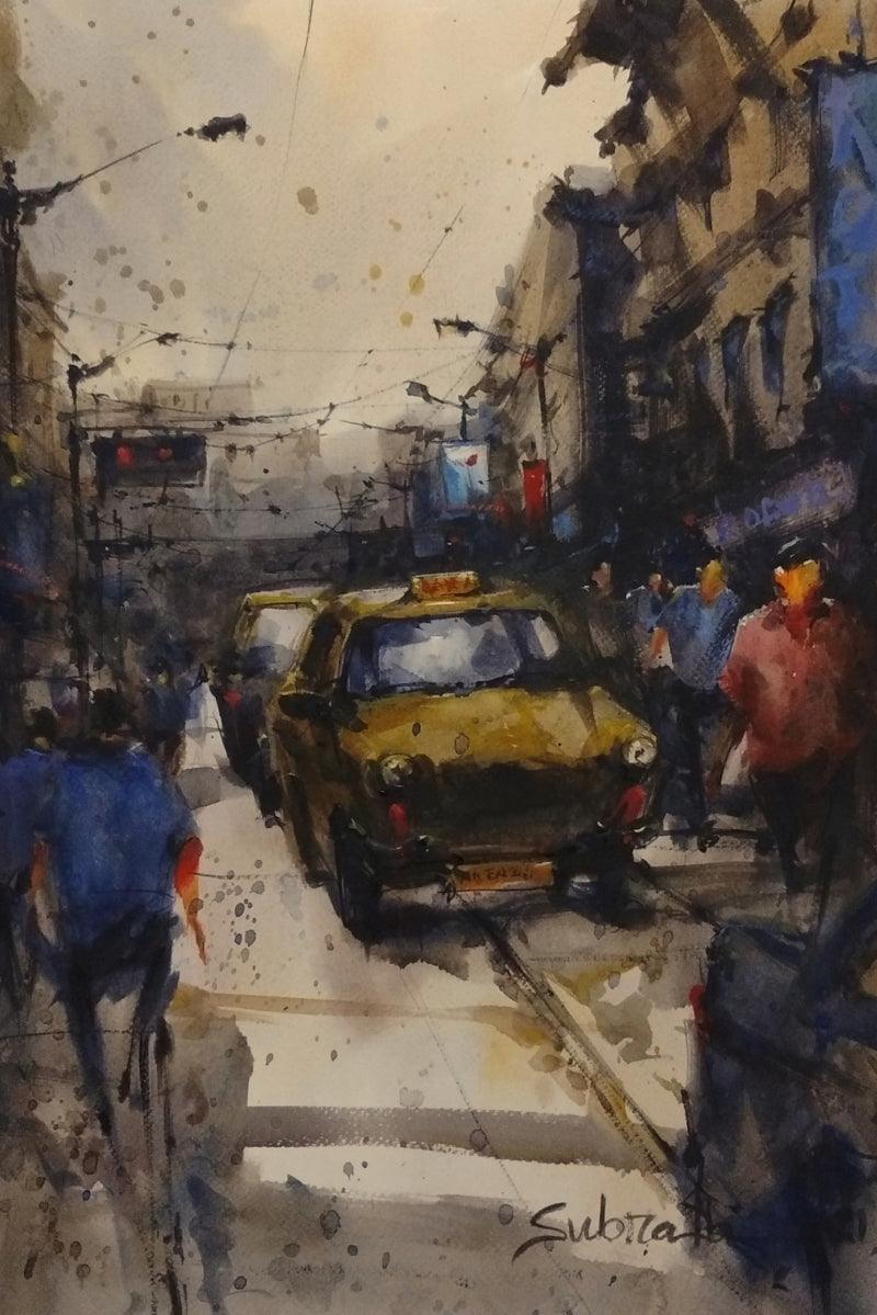 Cityscape watercolor painting titled 'Kolkata Street 2', 22x15 inches, by artist Subrata Malakar on Paper