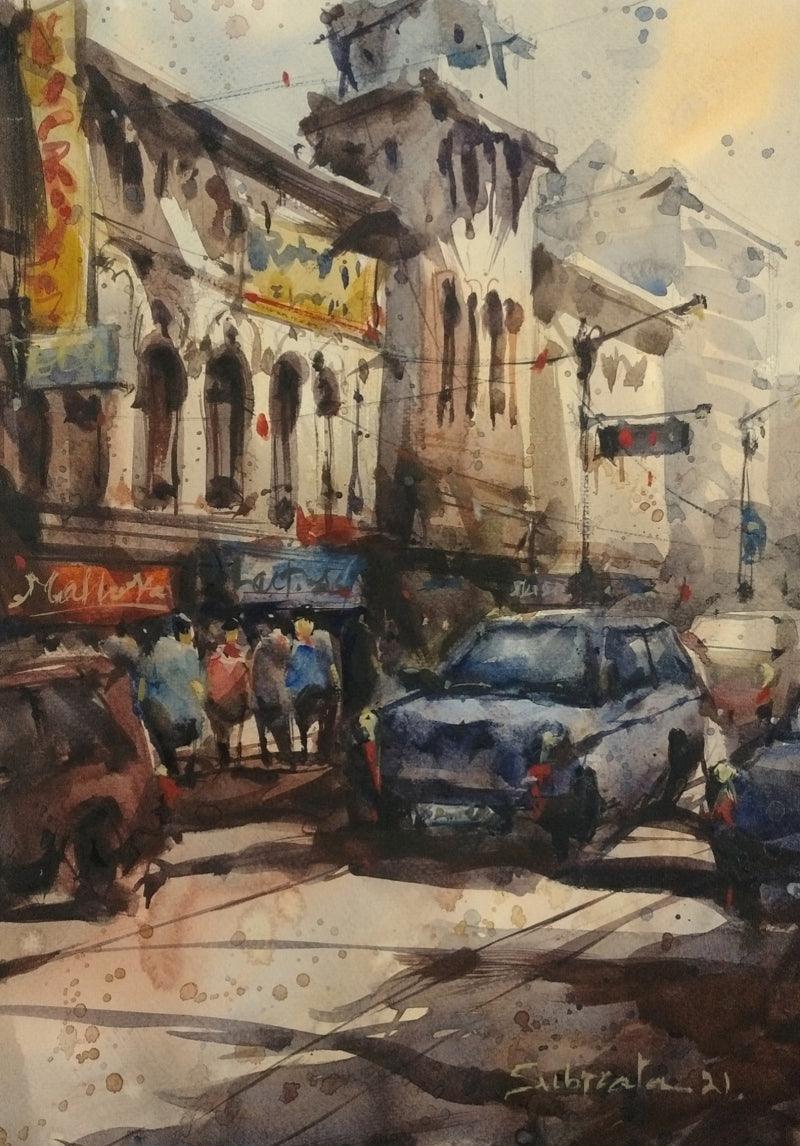 Cityscape watercolor painting titled 'Kolkata Street', 17x12 inches, by artist Subrata Malakar on Paper