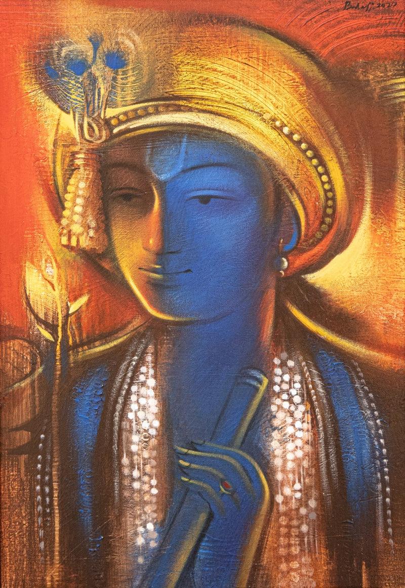 Religious acrylic painting titled 'Krishna 1', 23x18 inches, by artist Balaji Ubale on Canvas