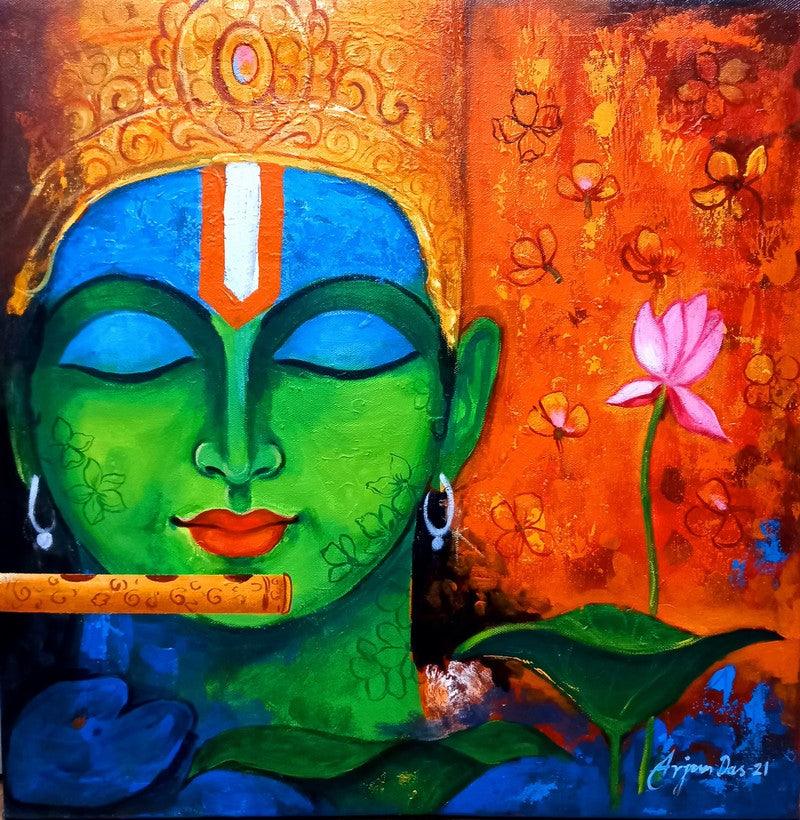 contemporary acrylic painting titled 'Krishna 1', 18x18 inches, by artist Arjun Das on Canvas