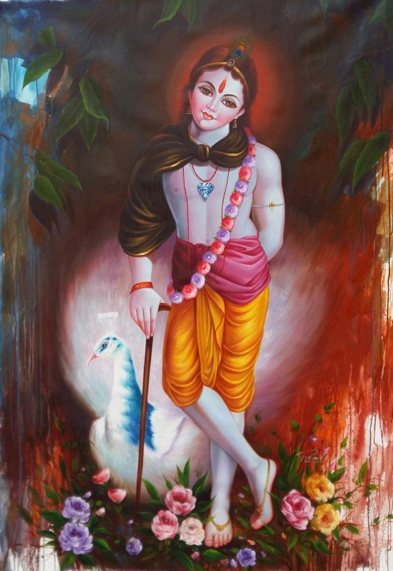 Religious oil painting titled 'Krishna 2', 60x36 inches, by artist Pradeep Kumar on Canvas