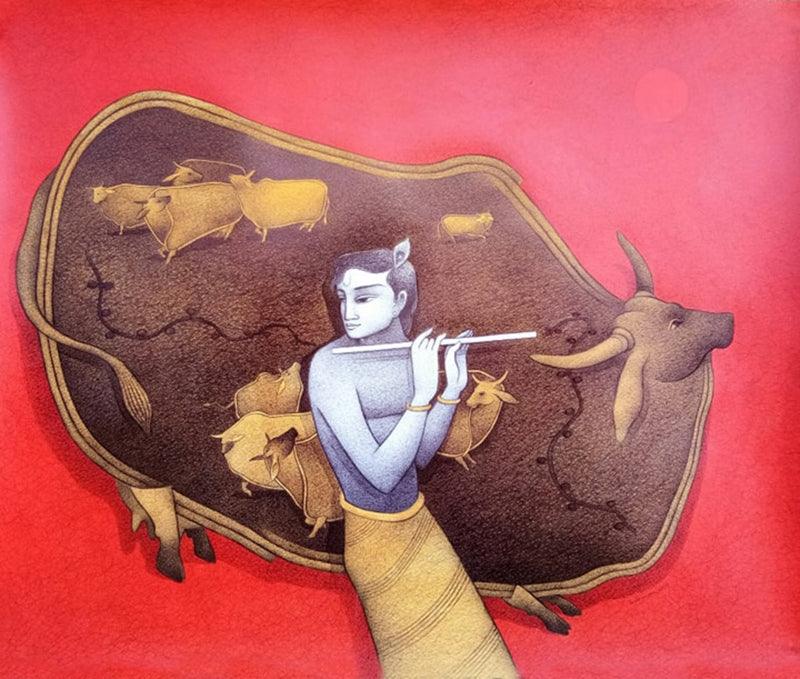 Religious mixed media painting titled 'Krishna 2', 30x35 inches, by artist Mohammed Suleman on Canson Paper