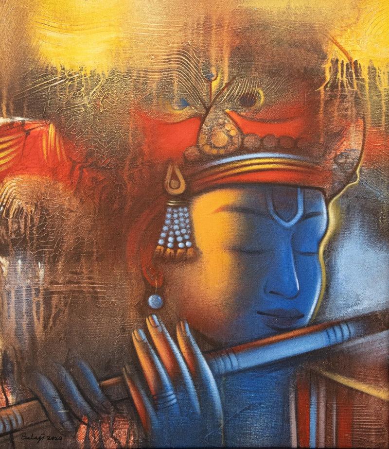Religious acrylic painting titled 'Krishna 2', 27x24 inches, by artist Balaji Ubale on Canvas