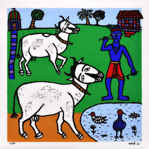 Religious reverse serigraph painting titled 'Krishna And Cows', 24x24 inches, by artist Madhvi Parekh on Acrylic